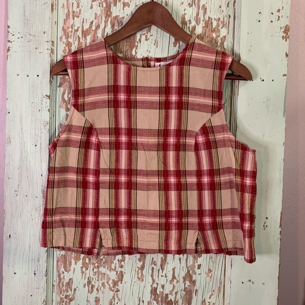 Women’s marsh landing 100% cotton red & tan plaid sleeveless top sz M Preloved